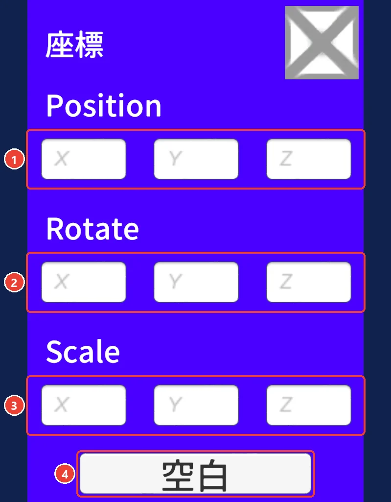 位置設定の窓。 Position の欄に 1、 Rotate に 2、 Scale に 3、 空白に 4 の印