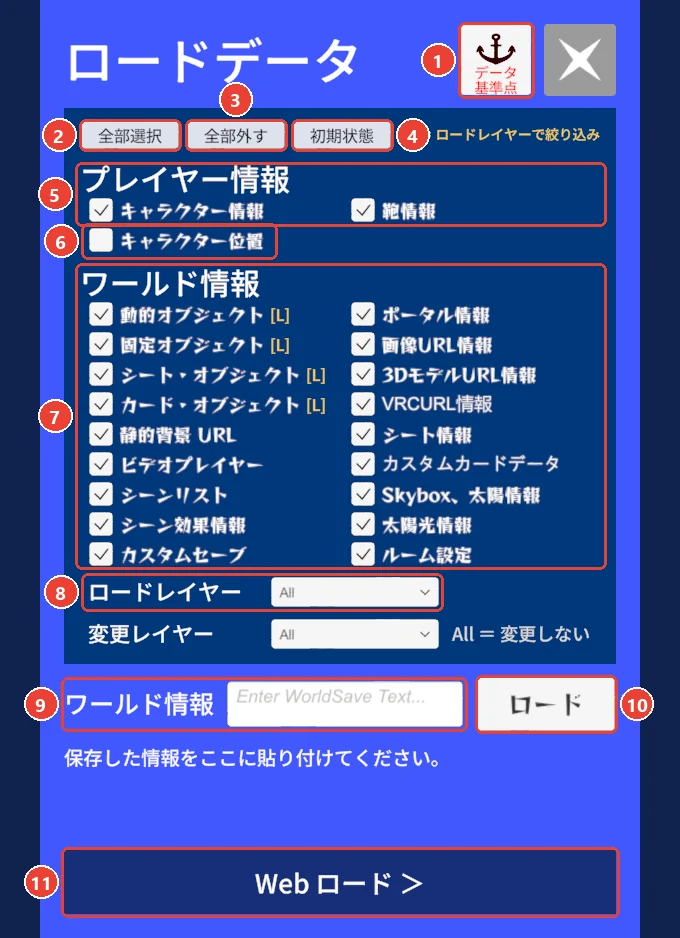 ロードの窓。 データ基準点に 1、 全部選択・全部外す・初期状態に 2 から 4、 プレイヤー情報に 5、 キャラクター位置に 6、 ワールド情報のチェックに 7、 ロードレイヤーに 8、 ワールド情報の欄に 9、 ロードに 10、 Web ロードに 11 の印