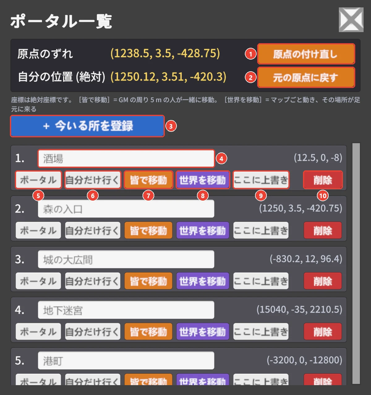 ポータル一覧の窓。 原点の付け直しに 1、 元の原点に戻すに 2、 今いる所を登録に 3、 行の名前の欄に 4、 行のボタンに 5 から 10 の印