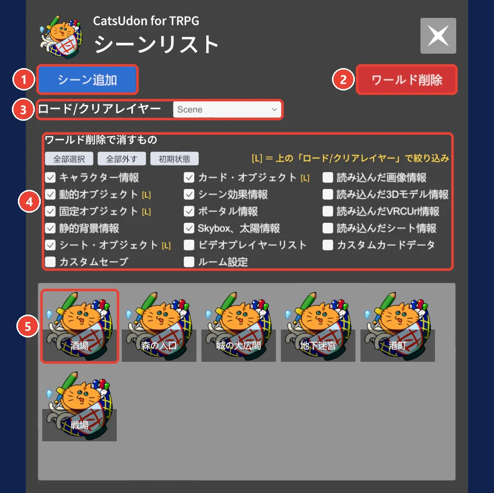 シーンリスト。 シーン追加に 1、 ワールド削除に 2、 ロード/クリアレイヤーに 3、 ワールド削除で消すものに 4、 シーンの絵に 5 の印