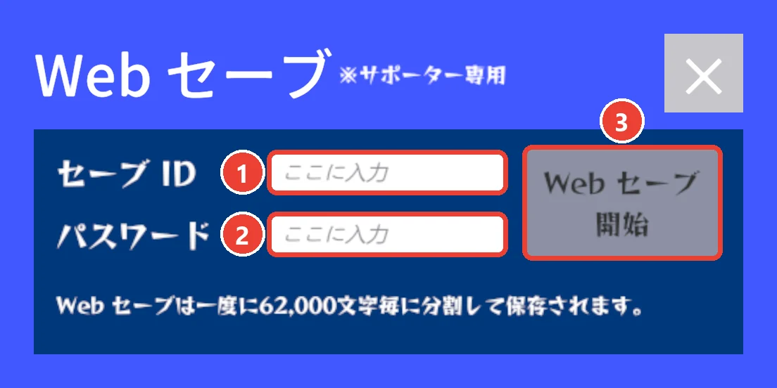 Web セーブの小窓。 セーブ ID に 1、 パスワードに 2、 Web セーブ開始に 3 の印