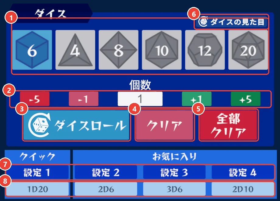 メインメニューのダイスの欄。 種類に 1、 個数に 2、 ダイスロールに 3、 クリアに 4、 全部クリアに 5、 ダイスの見た目に 6、 設定 1〜4 に 7、 その下の欄に 8 の印