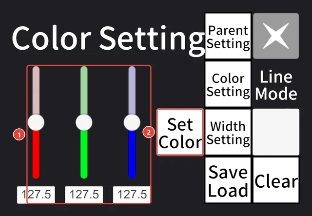Color Setting の窓。 赤・緑・青の棒と数の欄に 1、 Set Color に 2 の印