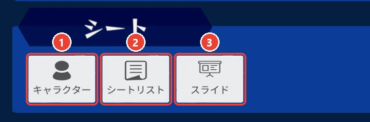 プレイヤーメニューのシートの欄。 キャラクターに 1、 シートリストに 2、 スライドに 3 の印