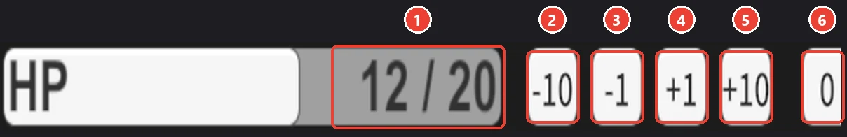 小窓のステータスの行。 値に 1、 -10 に 2、 -1 に 3、 +1 に 4、 +10 に 5、 0 に 6 の印